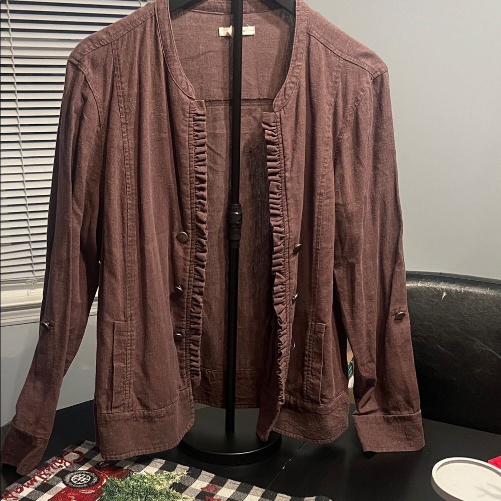 Maurices Linen Blend Ruffled Plum Blazer